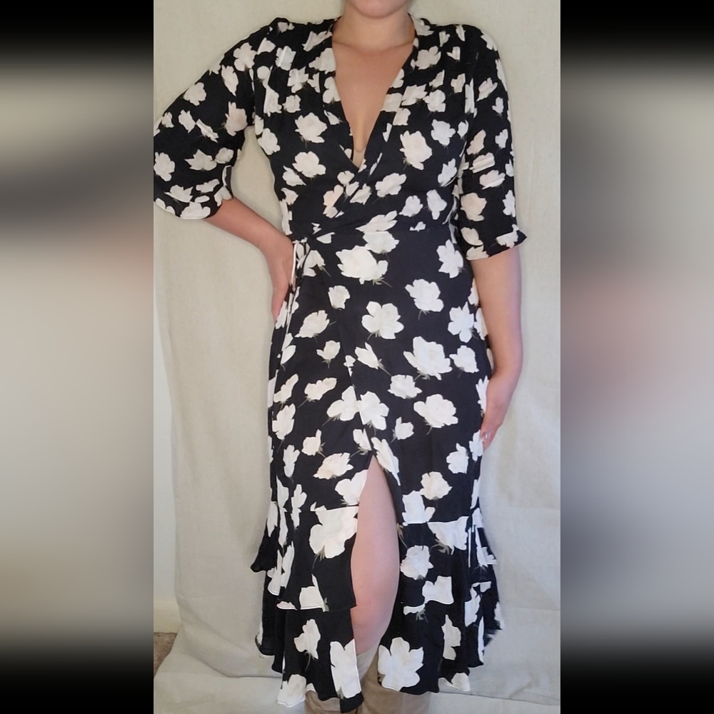 All Saints Delana Wrap Dress Floral Women's High Low Dress Size M Black Cream
